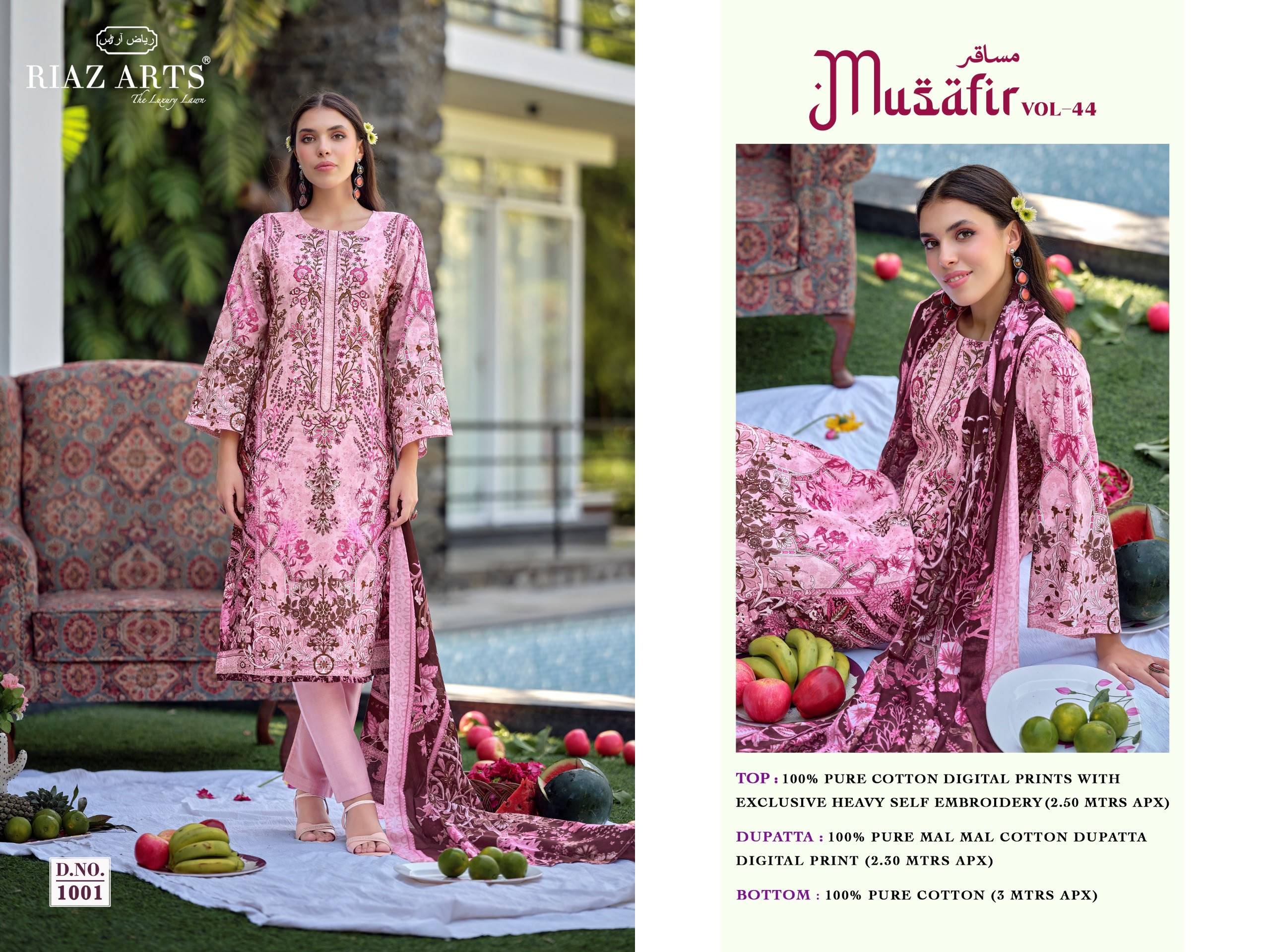MUSAFIR VOL-44 By RIAZ ARTS 1001 To 1008 Series Beautiful Festive Suits Stylish Colorful Fancy Casual Wear Pure Cotton Dresses At Wholesale Price